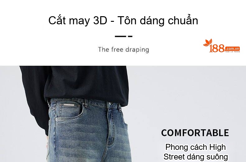 Quần Jean Nam Ống Đứng Dáng Rộng Phong Cách Mỹ Wash Bụi Màu Xanh chi tiết 3