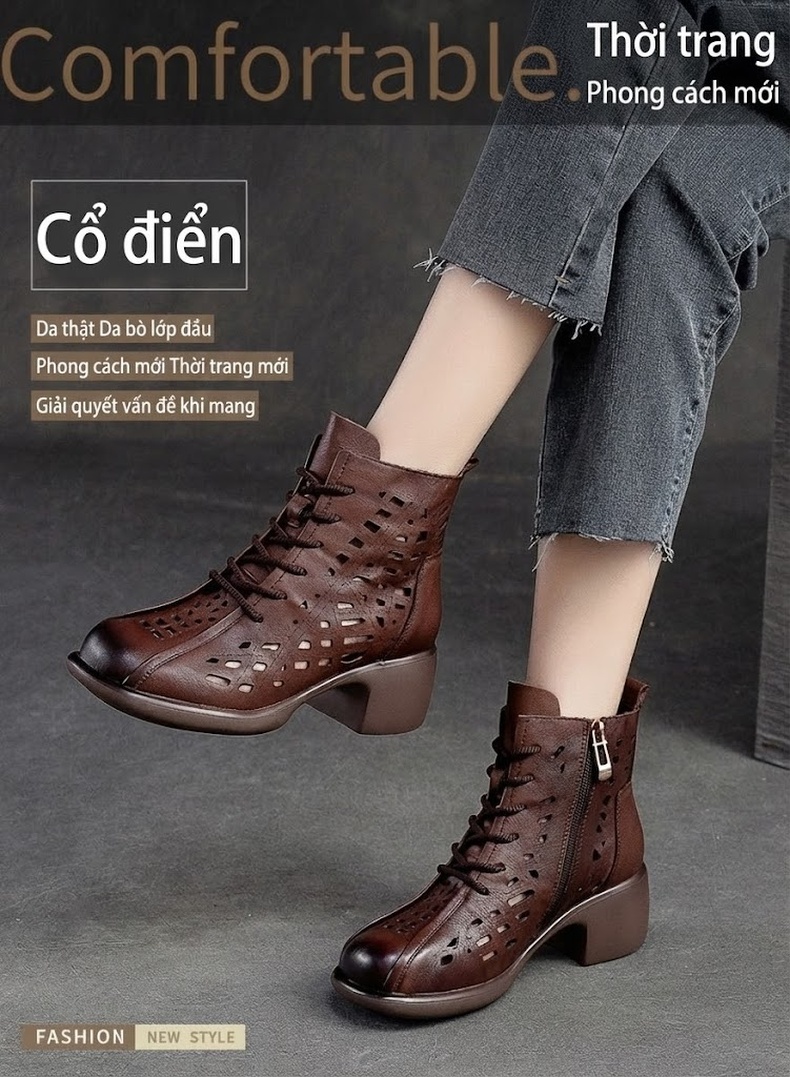 Boot Nữ Cao Cổ Da Bò Thoải Mái Phong Cách La Mã, Giày Nữ Cổ Điển Chiều Cao Đế Khoảng 5cm Màu Nâu, Đen chi tiết 1
