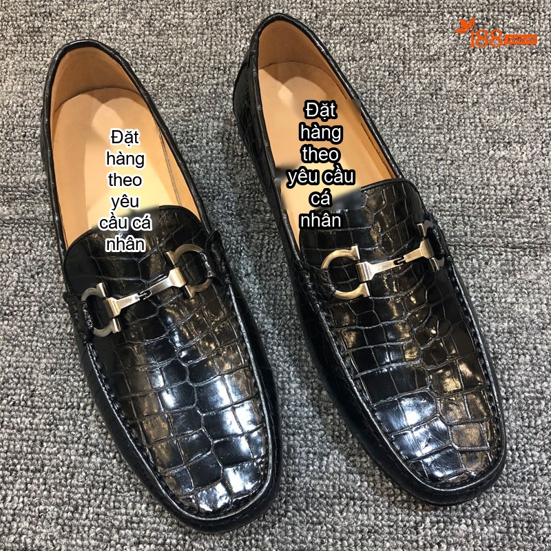 Giày Lười Nam Da Bụng Cá Sấu Chiều Cao Đế Khoảng 2cm Màu Đen chi tiết 3