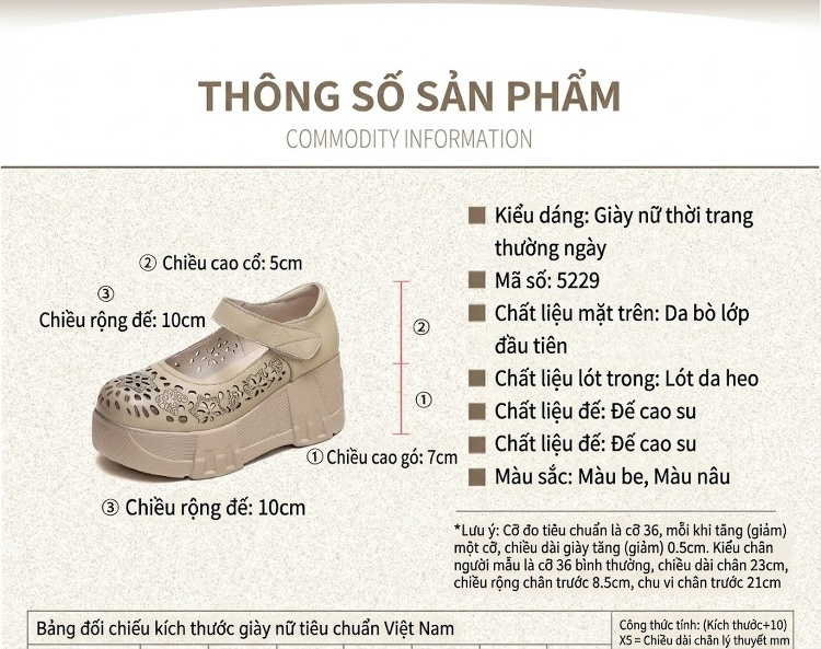 Dép Sandal Nữ Quai Dán Đế Bệt Phong Cách Retro Thoáng Khí Đế Cao 5cm - 6cm Màu Nâu, Kem chi tiết 2