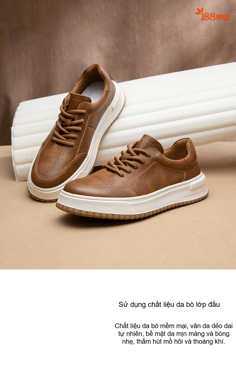 Giày Sneaker Nam Da Thật Thoáng Khí Chiều Cao Đế Khoảng 3.5cm Màu Trắng, Đen, Nâu chi tiết 4