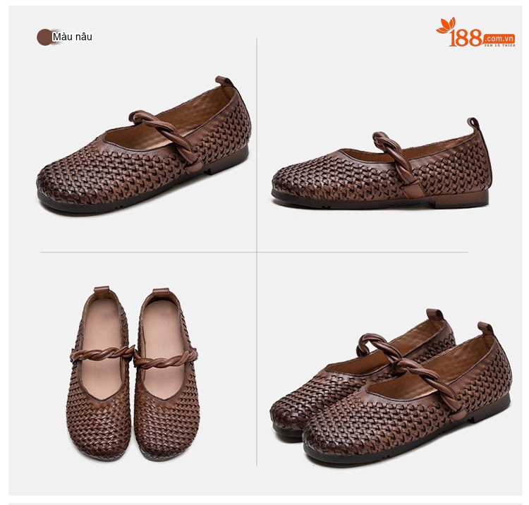 Giày Búp Bê Nữ Bệt Đan Thủ Công Phong Cách Cổ Điển Chiều Cao Đế Khoảng 1cm Màu Nâu chi tiết 17