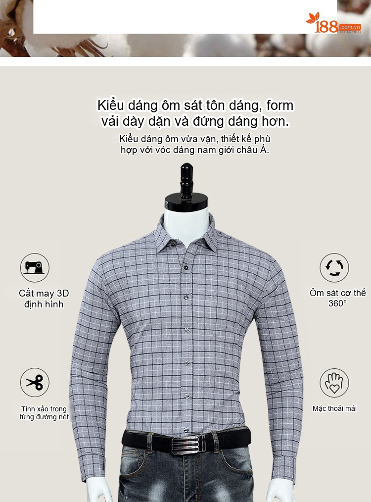 Áo Sơ Mi Tay Dài Nam Cotton Mài Lông Kẻ Caro, Kẻ Sọc Công Sở Màu Xanh, Xám, Nâu, Đỏ... chi tiết 6