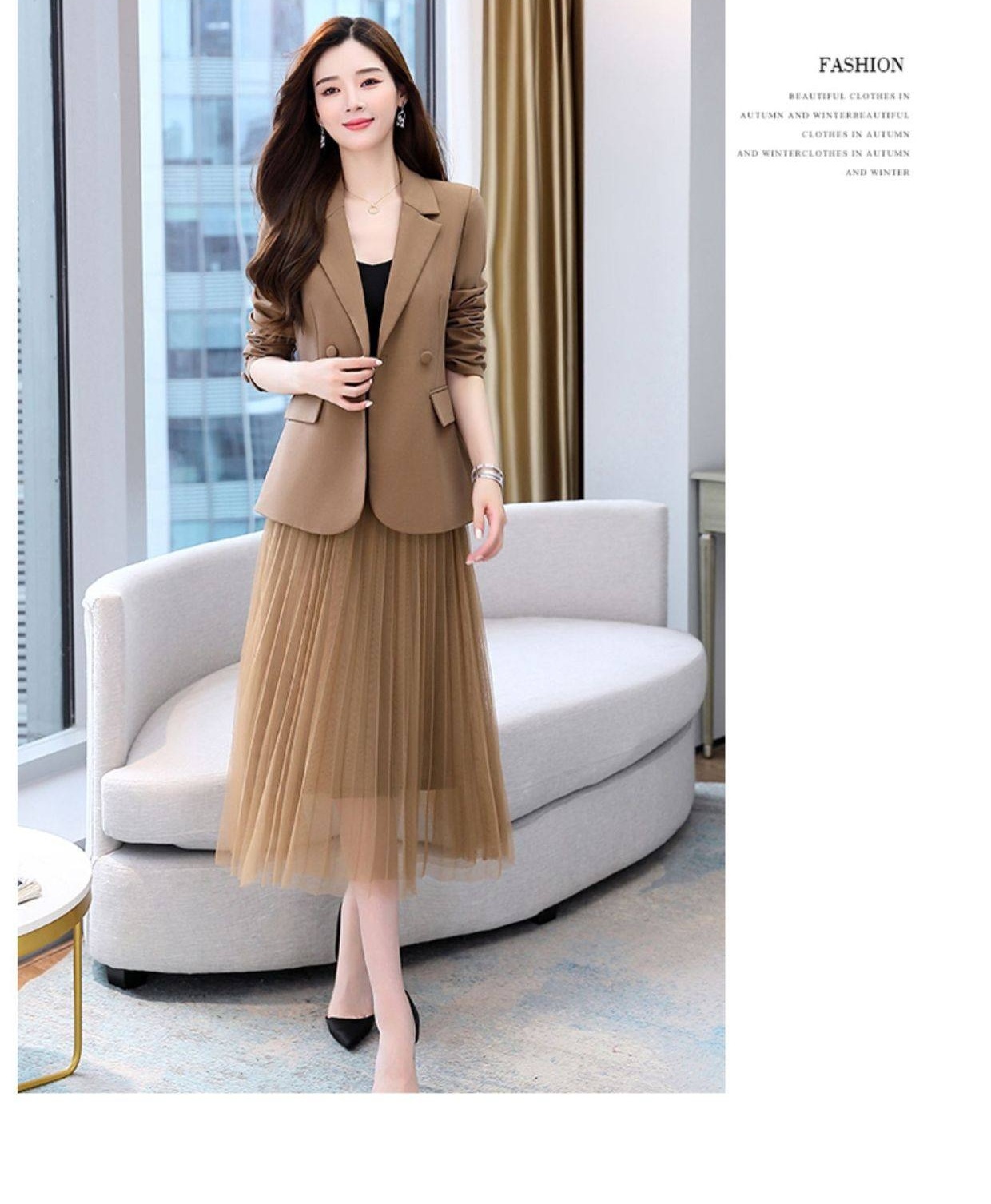 Bộ Vest Blazer Nữ Chân Váy Lưới Dáng Dài Thời Trang Thu Đông Màu Nâu, Đen, Xanh, Cam chi tiết 30