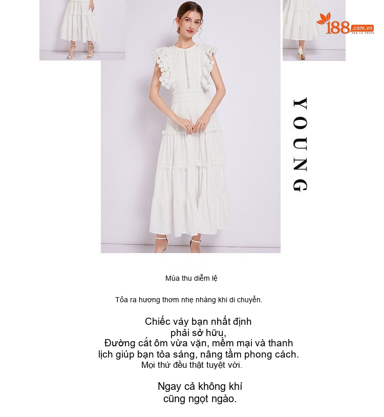 Váy liền thân Nữ Cổ Tròn Tay Bồng Thiết Kế Thêu Hoa Phong Cách Pháp Màu Trắng, Đen, Vàng chi tiết 3
