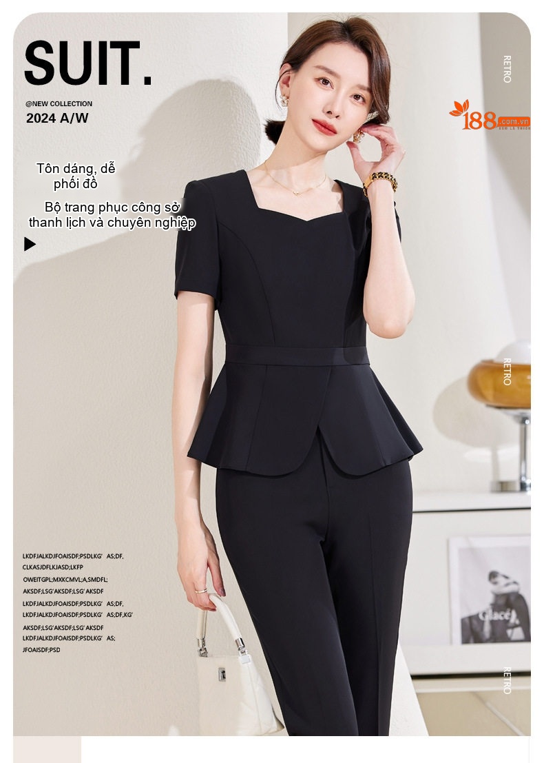 Bộ Vest Công Sở Nữ Tay Ngắn Quần/Chân Váy Áo Peplum Màu Đen, Xanh Navy chi tiết 2