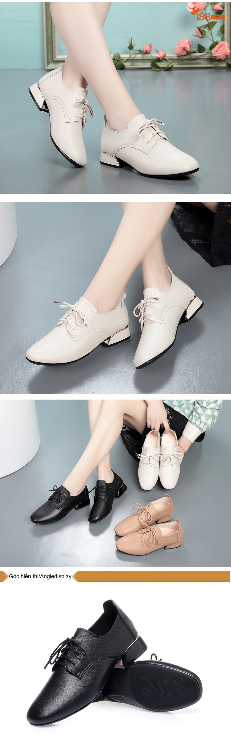 Giày Oxford Nữ Da Mềm Chiều Cao Đế Khoảng 3cm Màu Trắng Kem, Đen, Nâu chi tiết 7