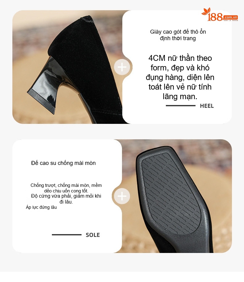 Giày Cao Gót Nữ Gót Vuông Nỉ Chiều Cao Đế Khoảng 5cm Khóa Vuông Đính Đá Màu Đen, Nâu chi tiết 5