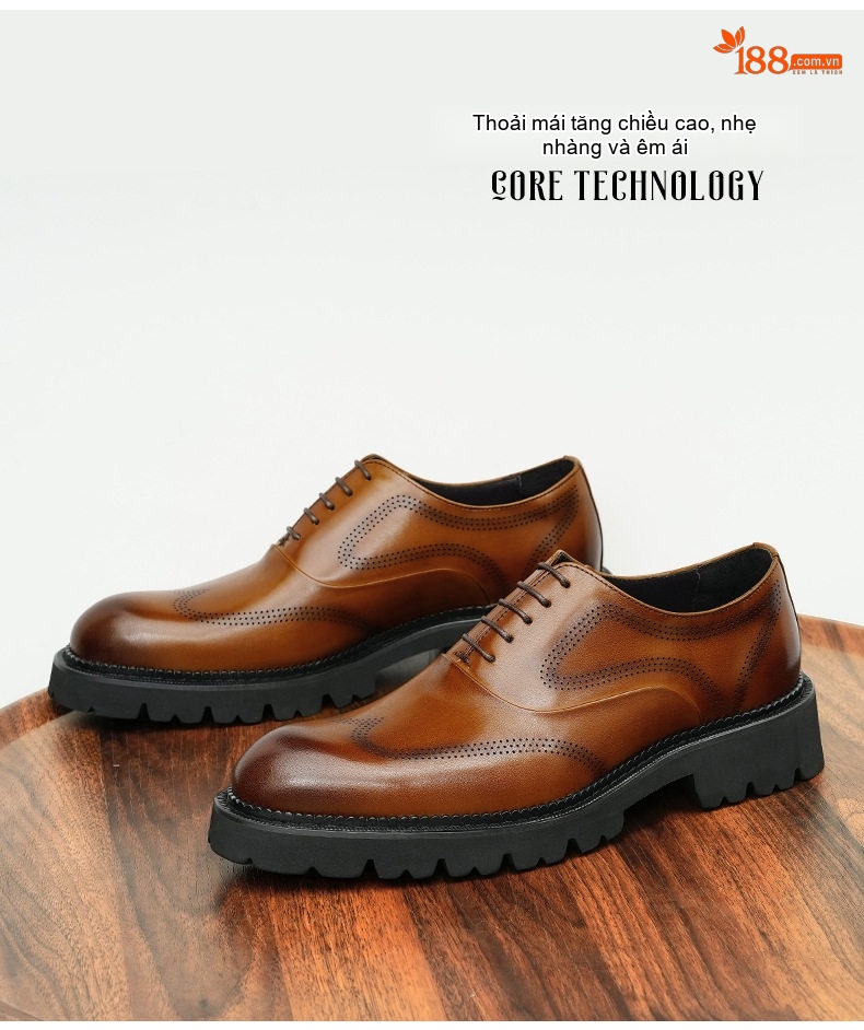 Giày Tây Brogue Nam Da Bóng Đế Dày Chiều Cao Đế 4cm Màu Đen, Nâu chi tiết 2