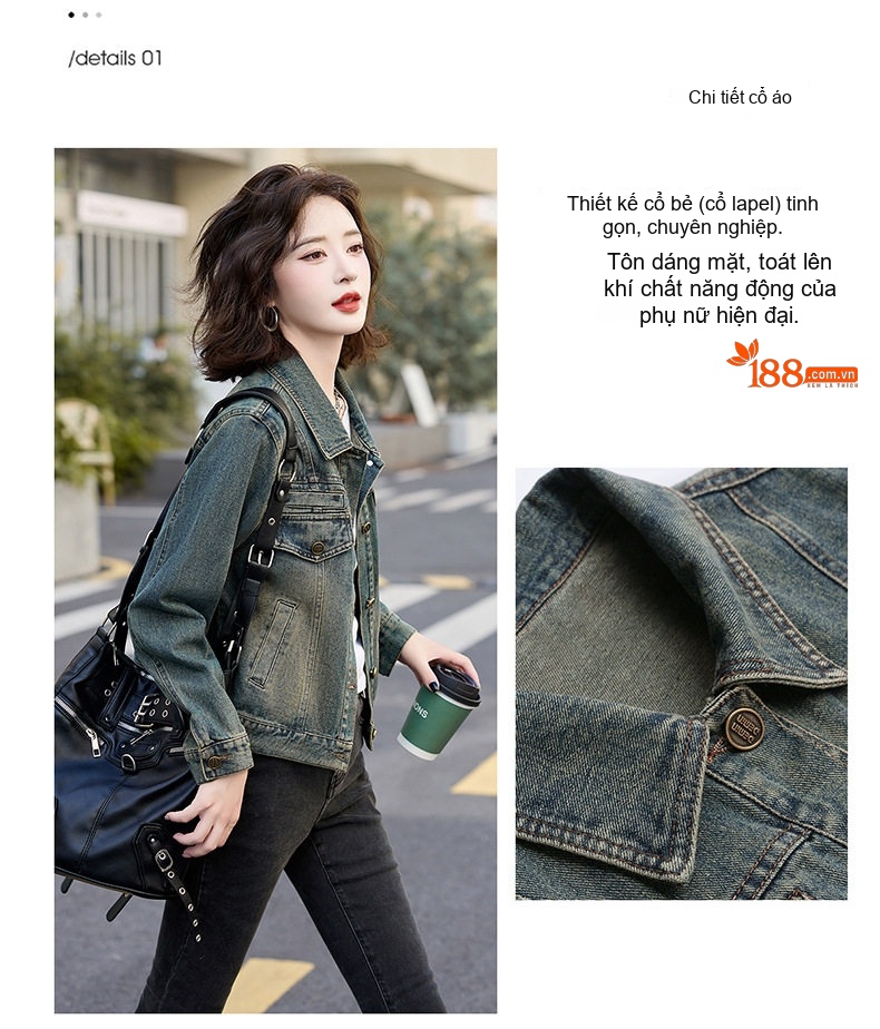 Áo Khoác Jean Nữ Dáng Ngắn Trẻ Trung Phong Cách Retro Màu Xanh Jean, Đen chi tiết 11