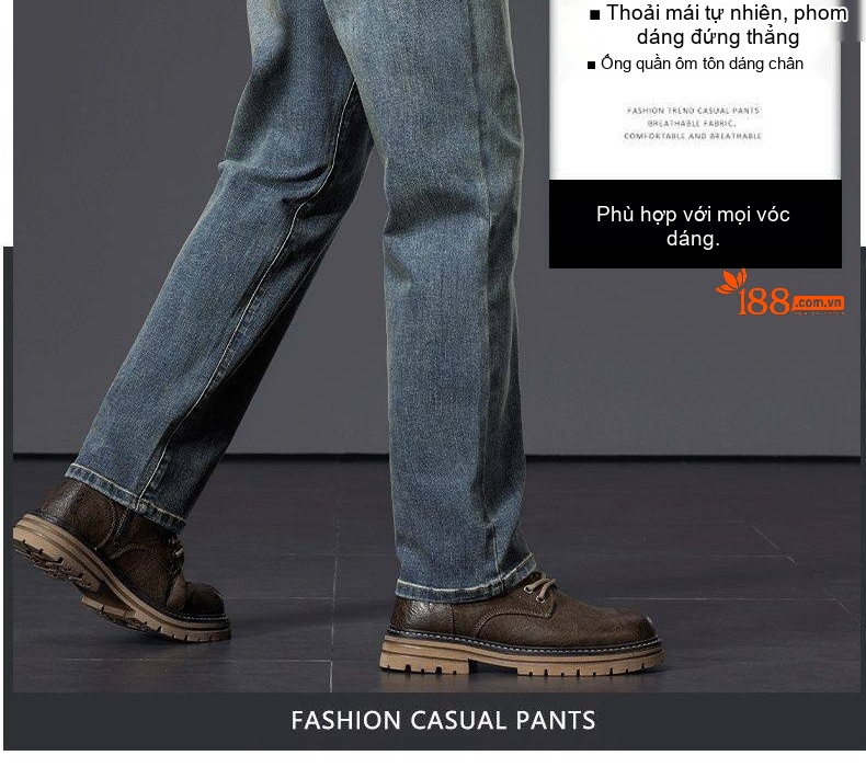 Quần Jean Nam Ống Suông Cotton Co Giãn Màu Xanh Vintage chi tiết 5