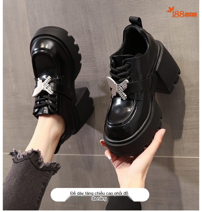 Giày Loafer Nữ Da Bóng Đế Cao Gót 8cm Màu Đen, Nâu chi tiết 1