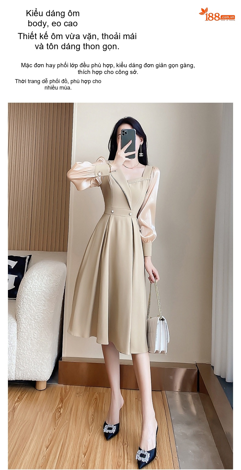 Váy Liền Thân Nữ Tay Dài Phong Cách Pháp Thanh Lịch Màu Be chi tiết 1