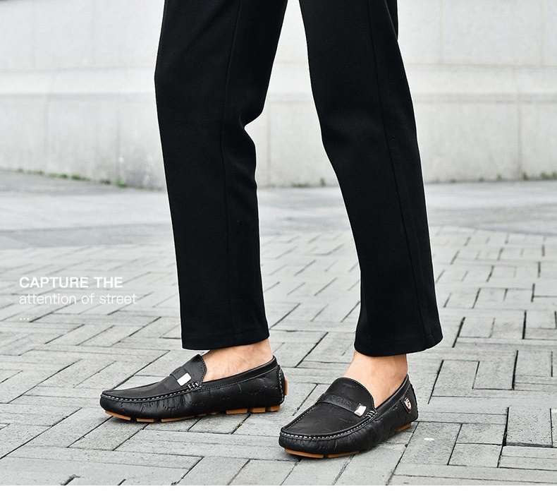 Giày Lười Da Thật Nam Mũi Tròn Phong Cách Hàn Quốc Chiều Cao Đế Khoảng 2cm Màu Đen, Trắng, Nâu, Xanh Navy chi tiết 2