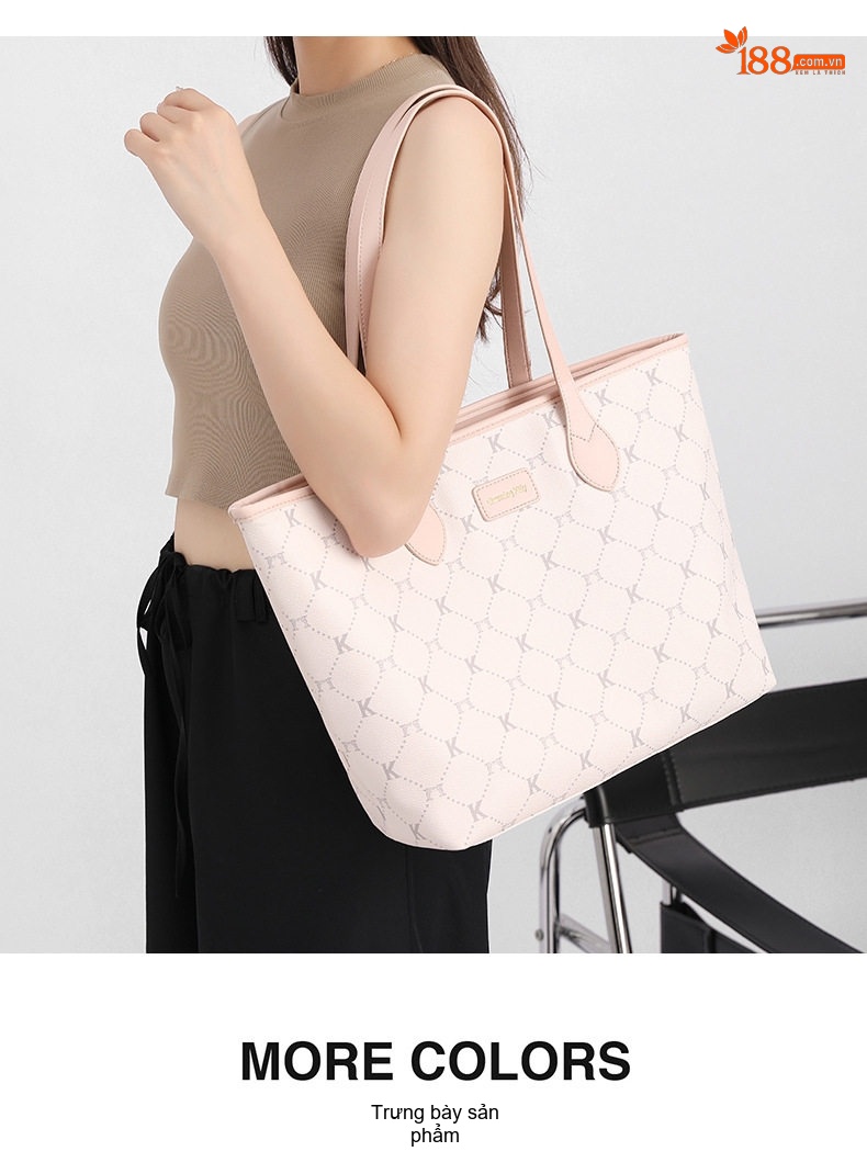 Túi Tote Nữ Vải In Họa Tiết Chữ K, Túi Đeo Vai Công Sở, Túi Xách Tay Lớn Đựng Laptop Màu Kem, Hồng chi tiết 8