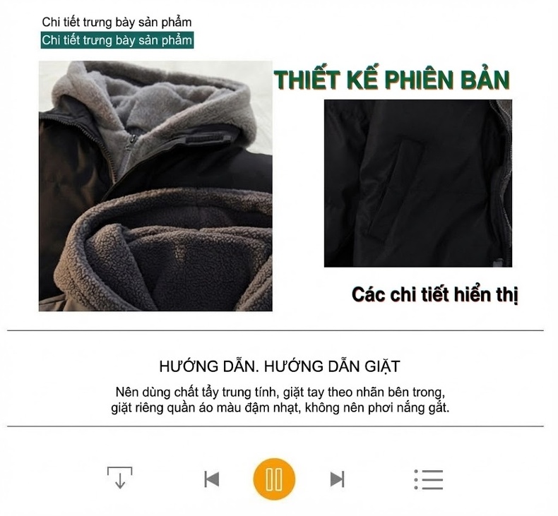 Áo Khoác Cotton Nam Dáng Rộng Giả Hai Lớp Lông Cừu Non Có Mũ Trùm Đầu Màu Kem, Đen chi tiết 7