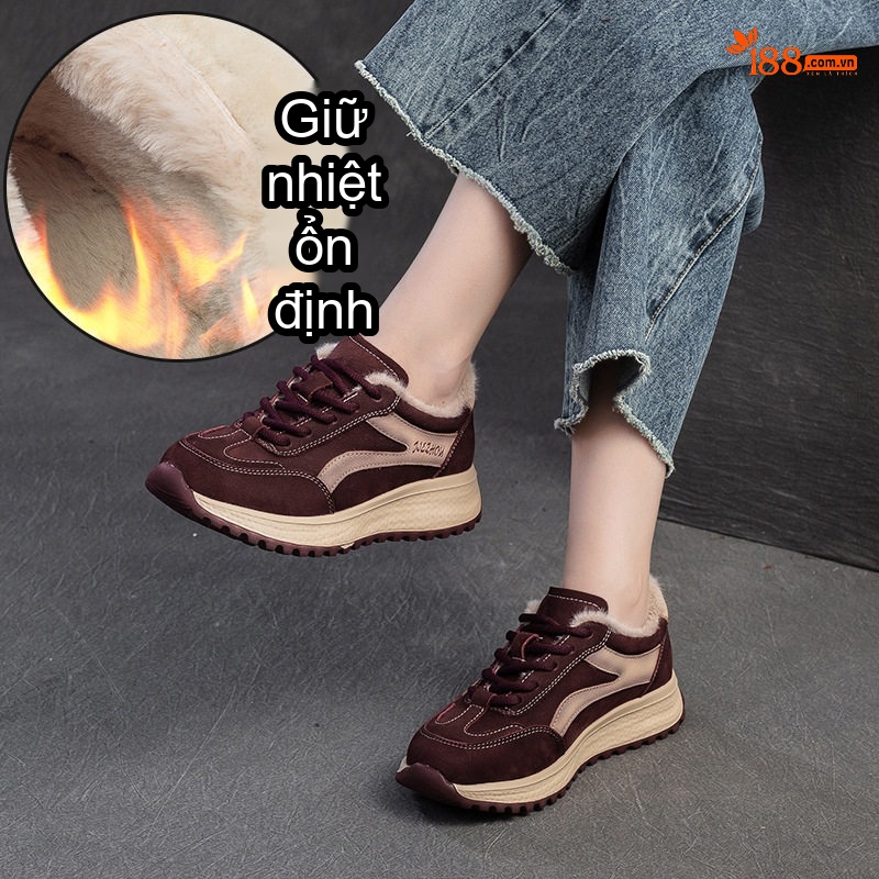 Giày Thể Thao Nữ Lót Lông Đi Mùa Đông Chiều Cao Đế Khoảng 4cm Màu Nâu, Kem