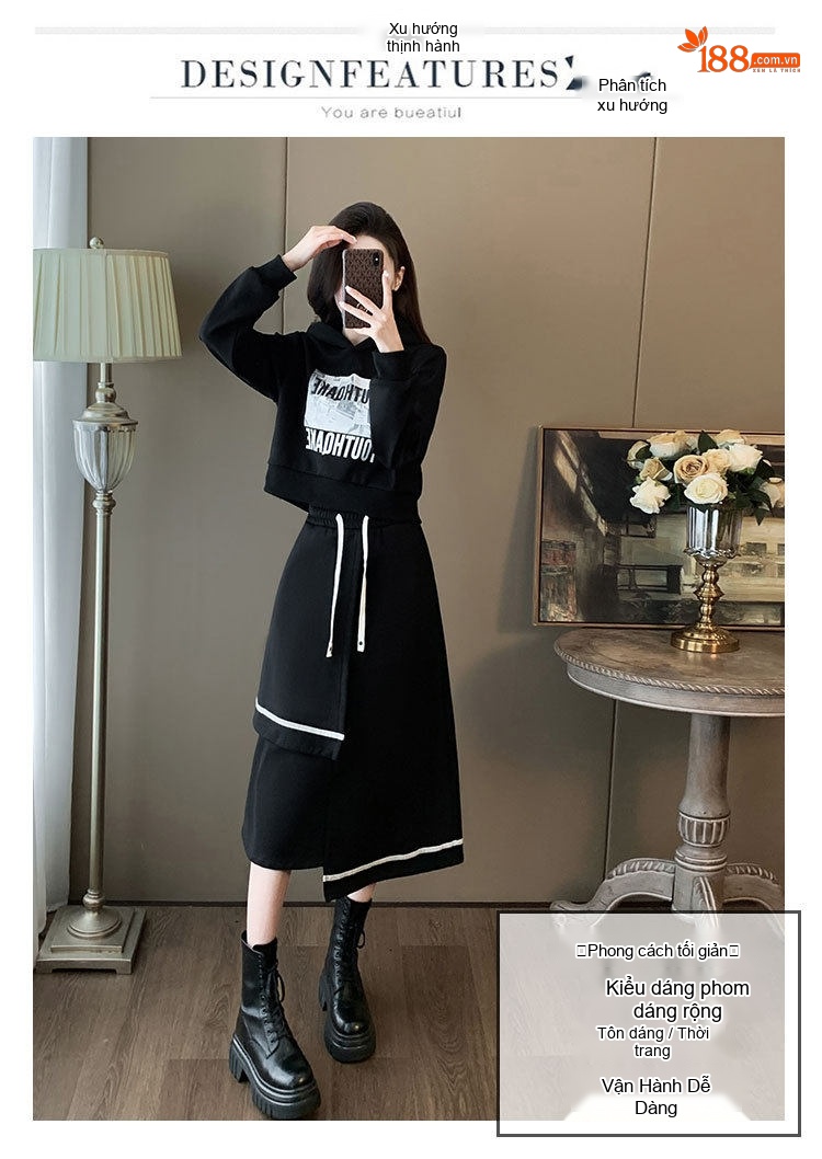 Set Bộ Áo Hoodie và Chân Váy Dáng Dài Lót Lông Màu Đen chi tiết 2