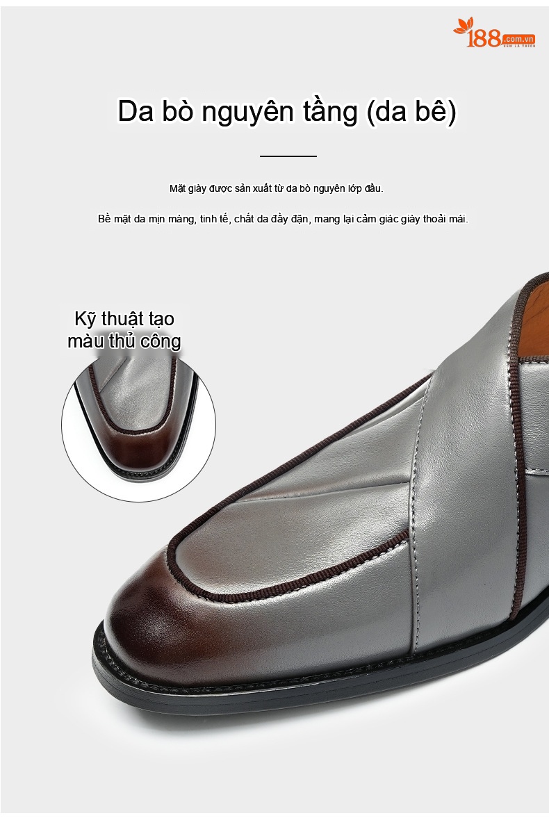 Giày Lười Mũi Nhọn Nam Da Bò Phong Cách Retro Chiều Cao Đế Khoảng 3cm Màu Đen, Xám chi tiết 8