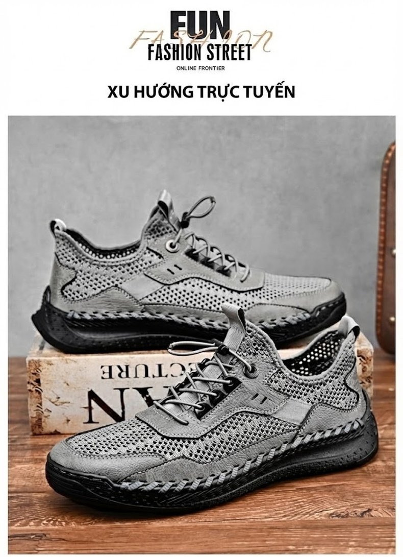 Giày Thể Thao Nam Da Bò Lưới Thoáng Khí Chiều Cao Đế Khoảng 3cm Màu Đen, Xám chi tiết 2