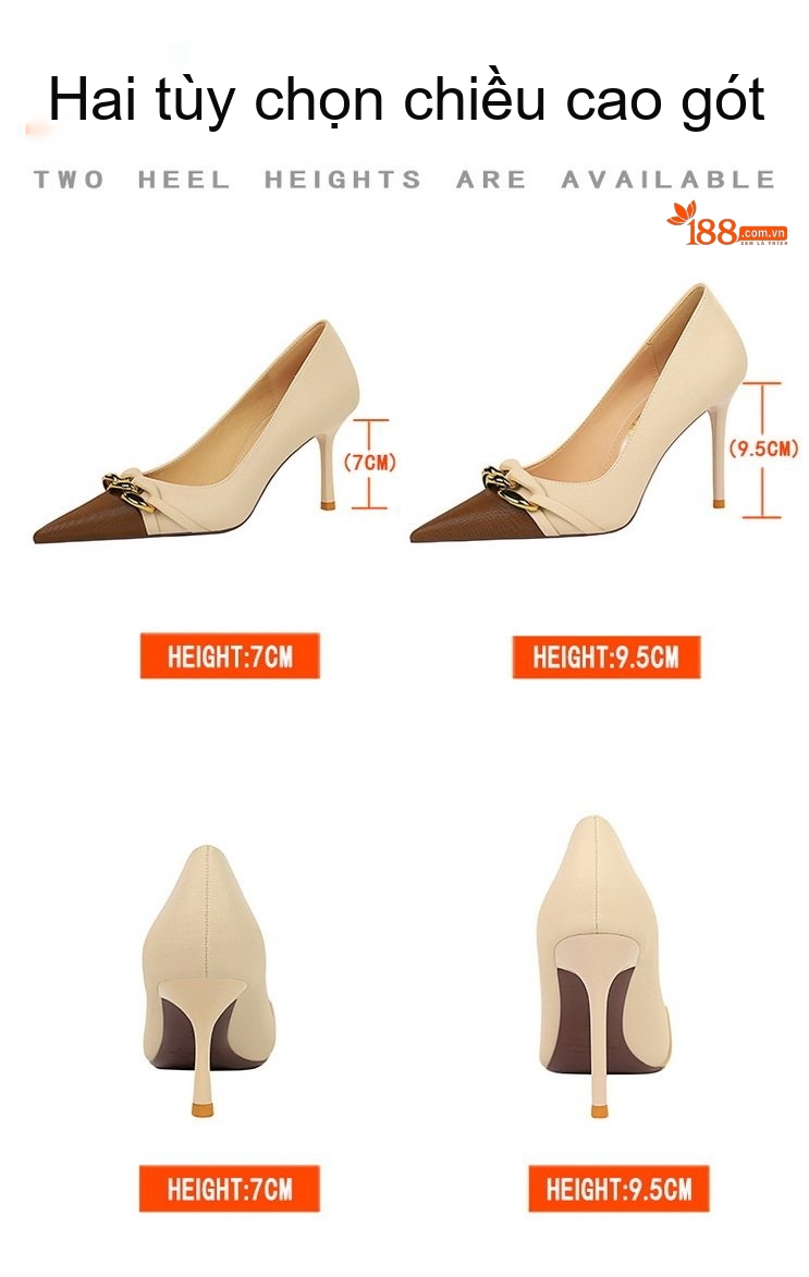 Giày Cao Gót Nữ Mũi Nhọn Gót Nhọn Chiều Cao Đế Khoảng 8cm Trang Trí Xích Kim Loại Màu Kem, Đen, Nâu chi tiết 2