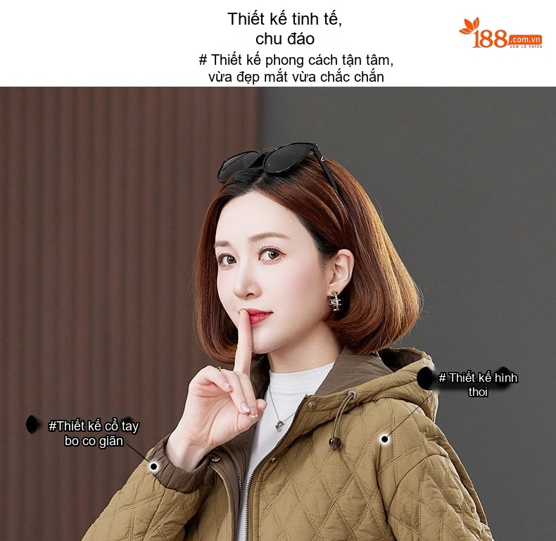 Áo Khoác Phao Nữ Trám Ô Nhỏ Dáng Ngắn Có Mũ Trùm Cotton Màu Be chi tiết 4