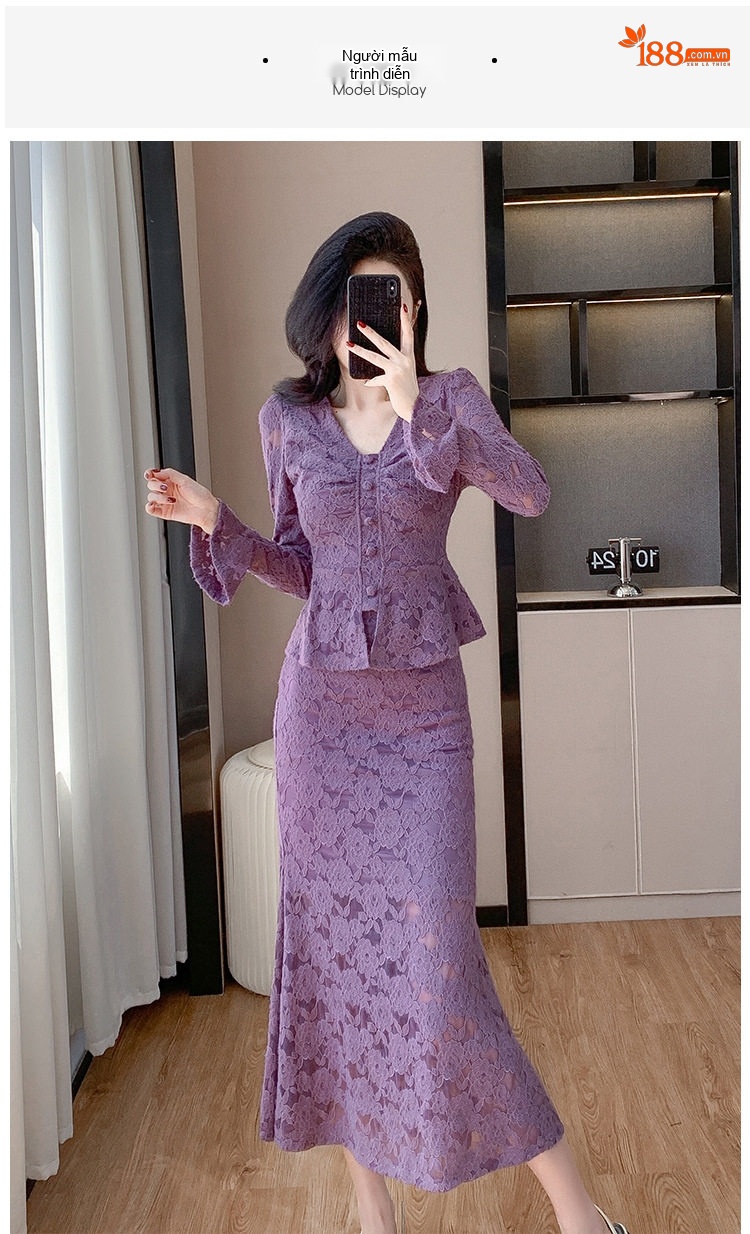 Set Bộ Áo Tay Loe Cổ chữ V Chân Váy Đuôi Cá Ren Nữ Tính Màu Đen, Tím chi tiết 8