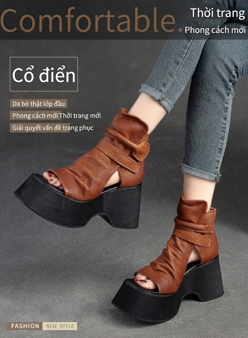 Giày Sandal Cao Gót Nữ Hở Mũi Da Bò Quai Nhún Đế Cao 5cm - 6cm Màu Nâu, Đen chi tiết 1