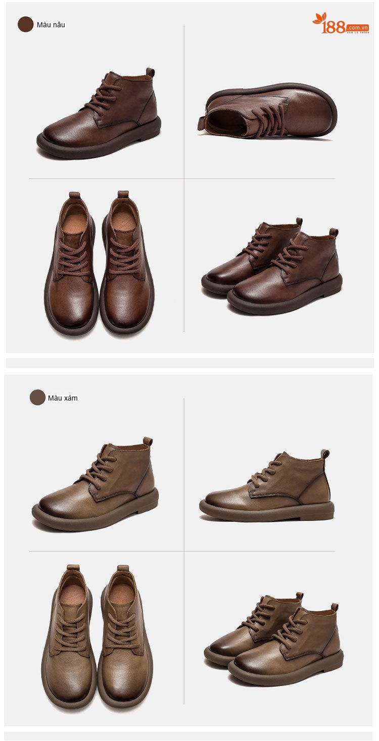 Giày Boot Nữ Cổ Ngắn Da Bò Mũi Tròn Buộc Dây Chiều Cao Đế Khoảng 3cm Màu Nâu, Đen chi tiết 16