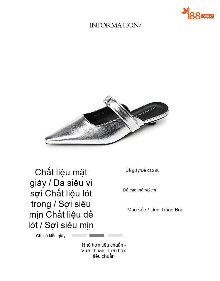 Giày Sục Nữ Mũi Nhọn Đính Đá Chiều Cao Đế Khoảng 2cm Màu Đen, Bạc, Trắng chi tiết 2