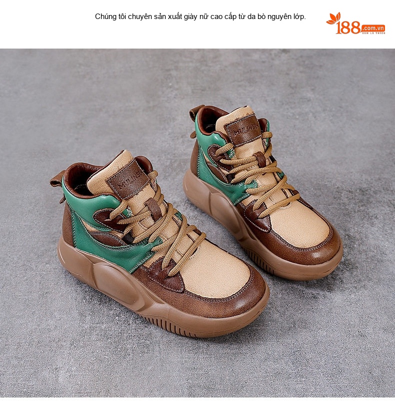 Giày Boot Nữ Da Bò Cổ Cao Thắt Dây Chiều Cao Đế Khoảng 5cm Màu Nâu, Vàng Be, Xanh Lá chi tiết 2