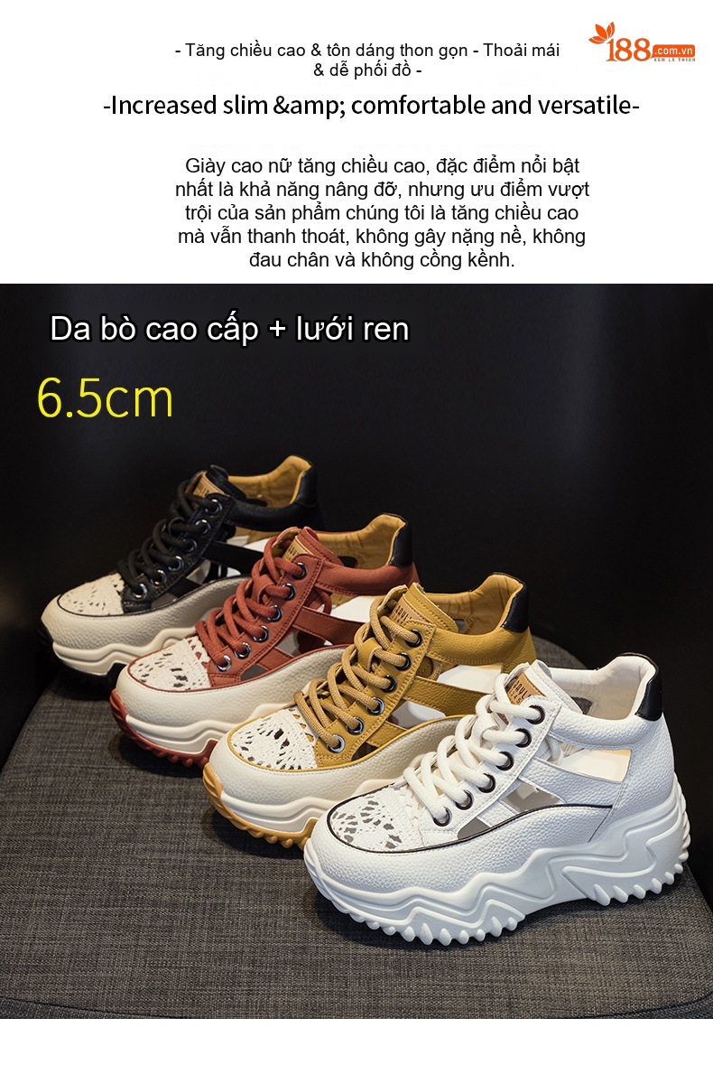 Giày Sneaker Nữ Da Thật Lưới Thoáng Khí Chiều Cao Đế Khoảng 5cm Màu Trắng, Đen, Nâu, Đỏ... chi tiết 2