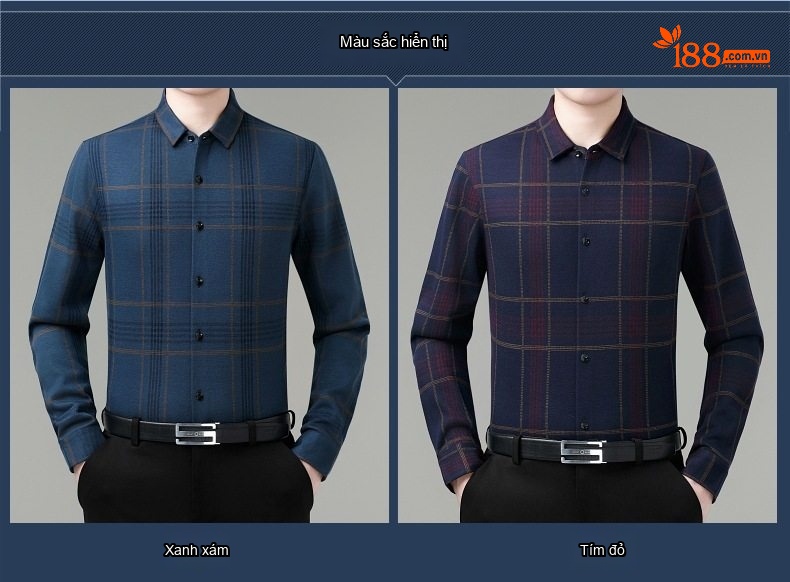 Áo Sơ Mi Nam Lông Cừu Dệt Kim Lót Lông Thú Dày Dặn Kẻ Caro Màu Xanh Navy, Đỏ chi tiết 2