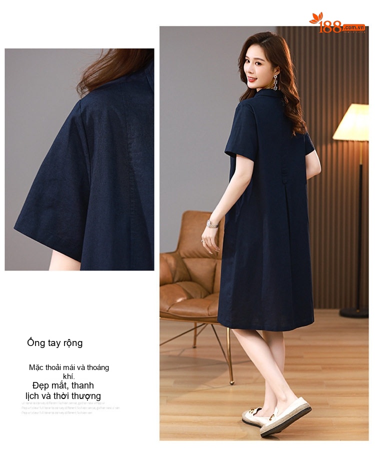 Váy Sơ Mi Nữ Dáng Suông Cotton Linen Phong Cách Retro Màu Xanh Navy, Tím, Nâu, Xanh Lá... chi tiết 8