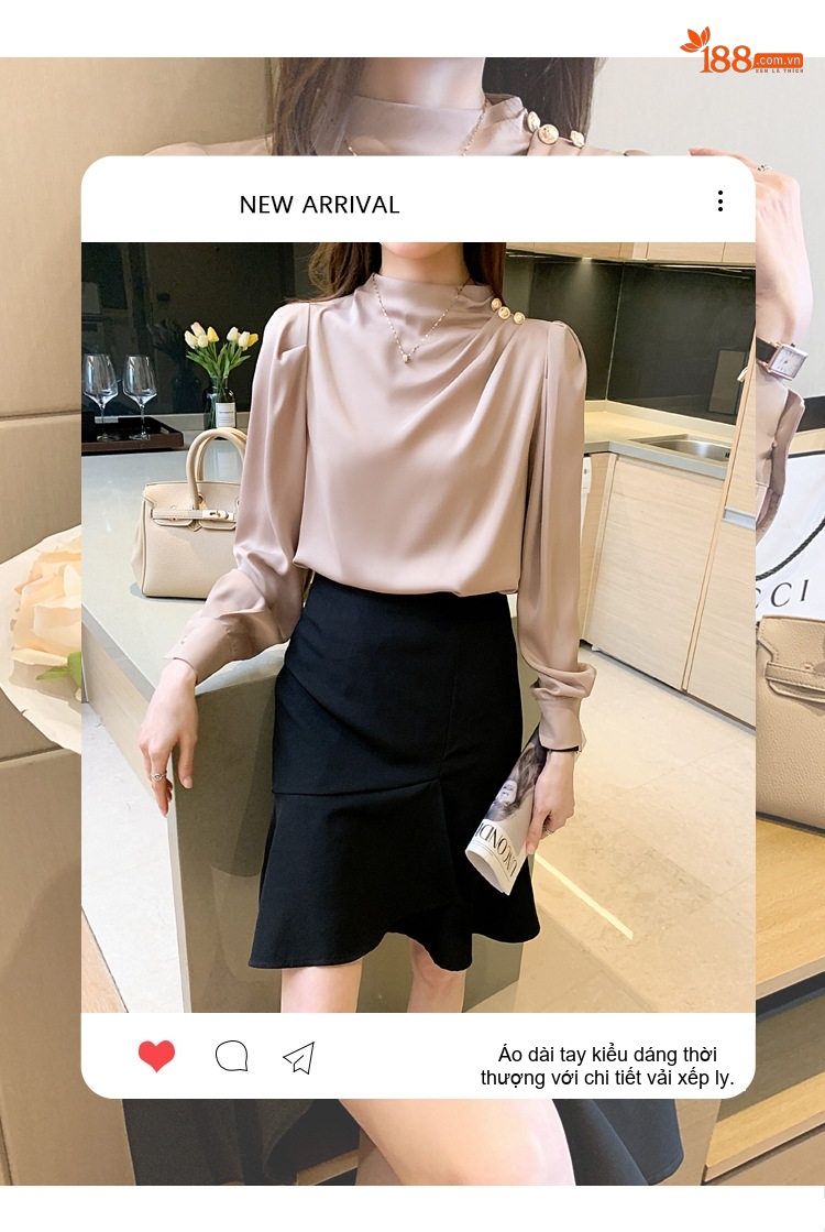 Áo Sơ Mi Nữ Tay Dài Cổ Trụ Kiểu Dáng Thanh Lịch Màu Trắng, Xám, Hồng, Xanh... chi tiết 3