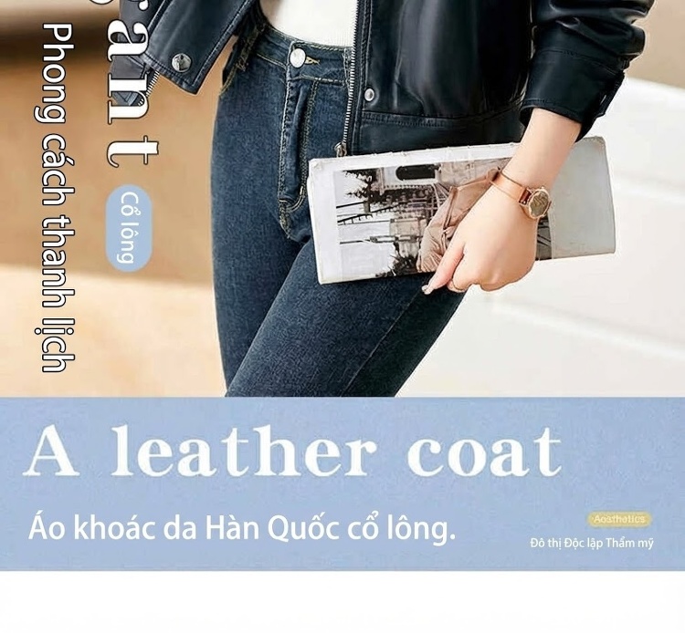 Áo Khoác Da Cừu Nữ Cổ Lông Dệt Kim Kiểu Hàn Quốc Màu Đen, Kem chi tiết 2