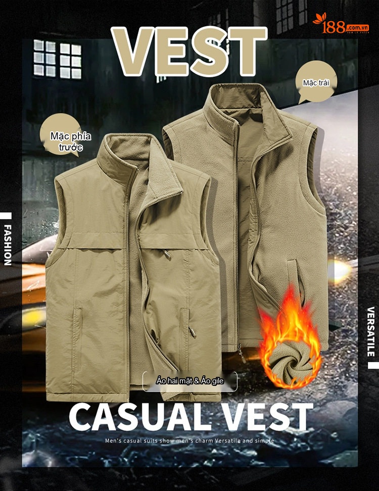 Áo Gilet Nam Hai Mặt Mặc Áo Khoác Ngoài Nhiều Túi Lông Cừu chi tiết 1