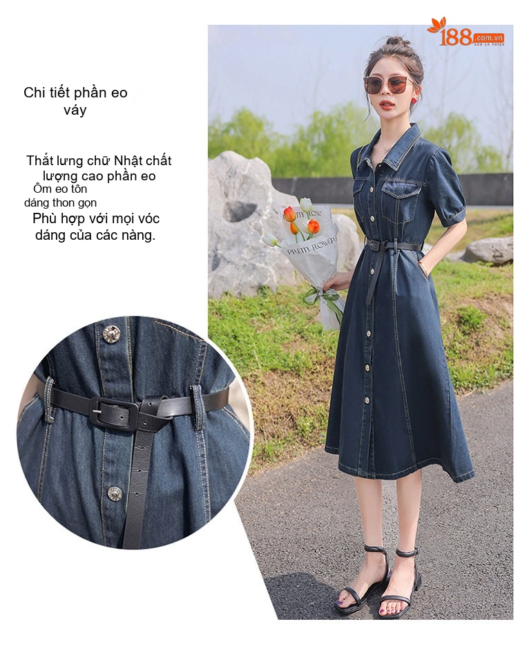 Váy Đầm Jean Dáng Dài Nữ Tính Thu Eo Kèm Đai Phong Cách Hàn Quốc chi tiết 8