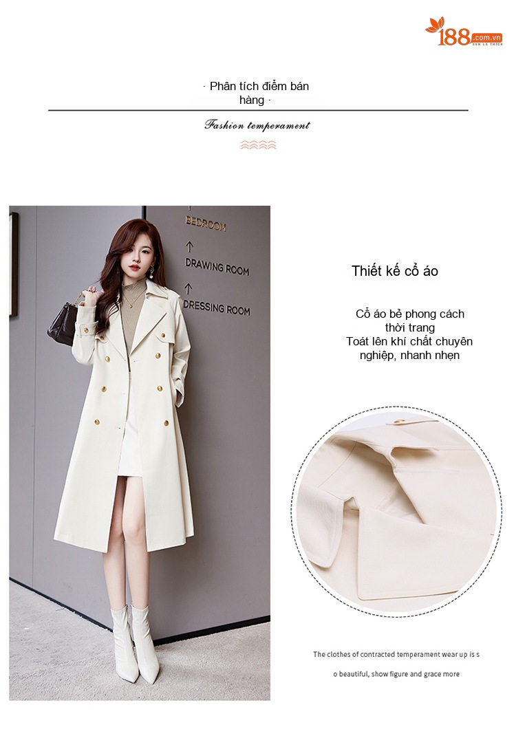 Áo Khoác Mangto Nữ Dáng Dài Thắt Eo Màu Be, Đen, Nâu chi tiết 6