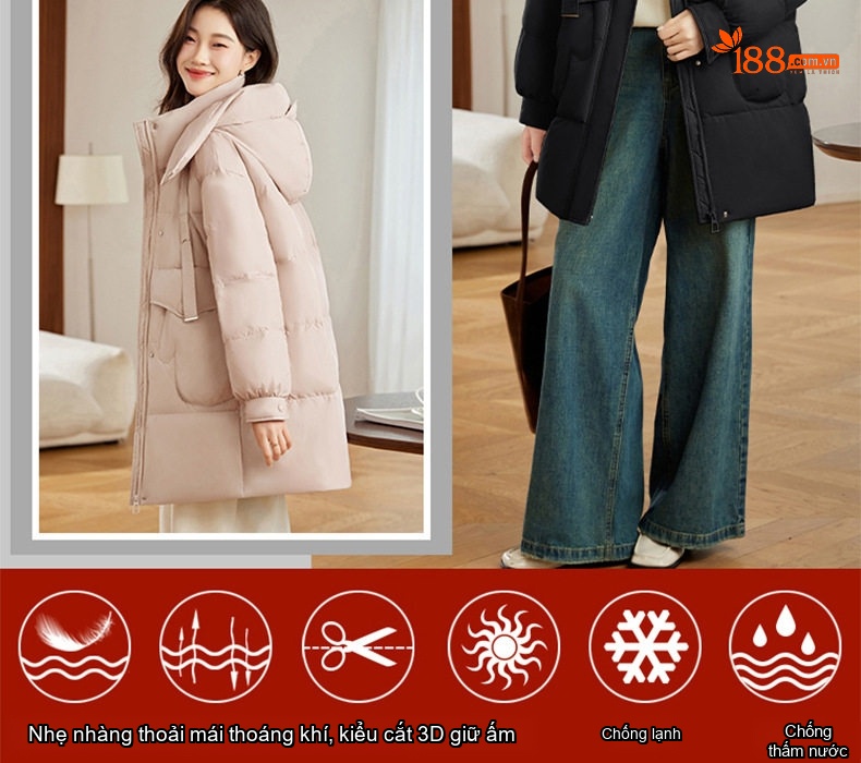 Áo Phao Nữ Dáng Dài Vừa Người Thời Trang Cao Cấp Giữ Ấm Lót Lông Vũ Trắng Màu Be, Đen, Hồng chi tiết 7