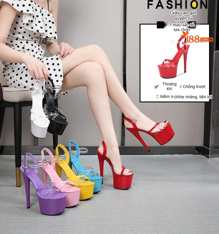 Giày Sandal Cao Gót Nữ Quai Trong Suốt Da Bóng Gót Cao 10cm - 12cm Màu Đen, Đỏ, Vàng, Xanh Dương... chi tiết 1