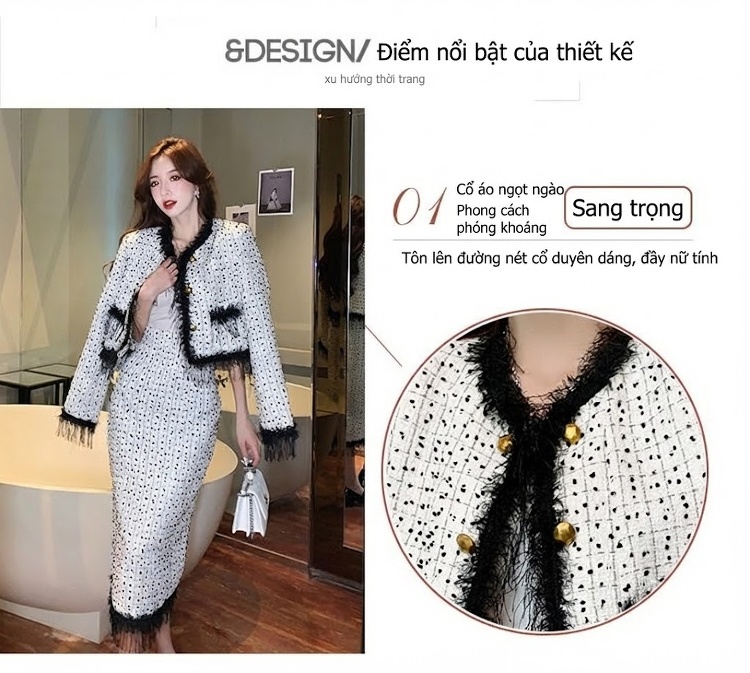 Set Áo Khoác Lửng và Chân Váy Tweed Phong Cách Tiểu Thư Viền Tua Rua Màu Trắng, Đen chi tiết 2