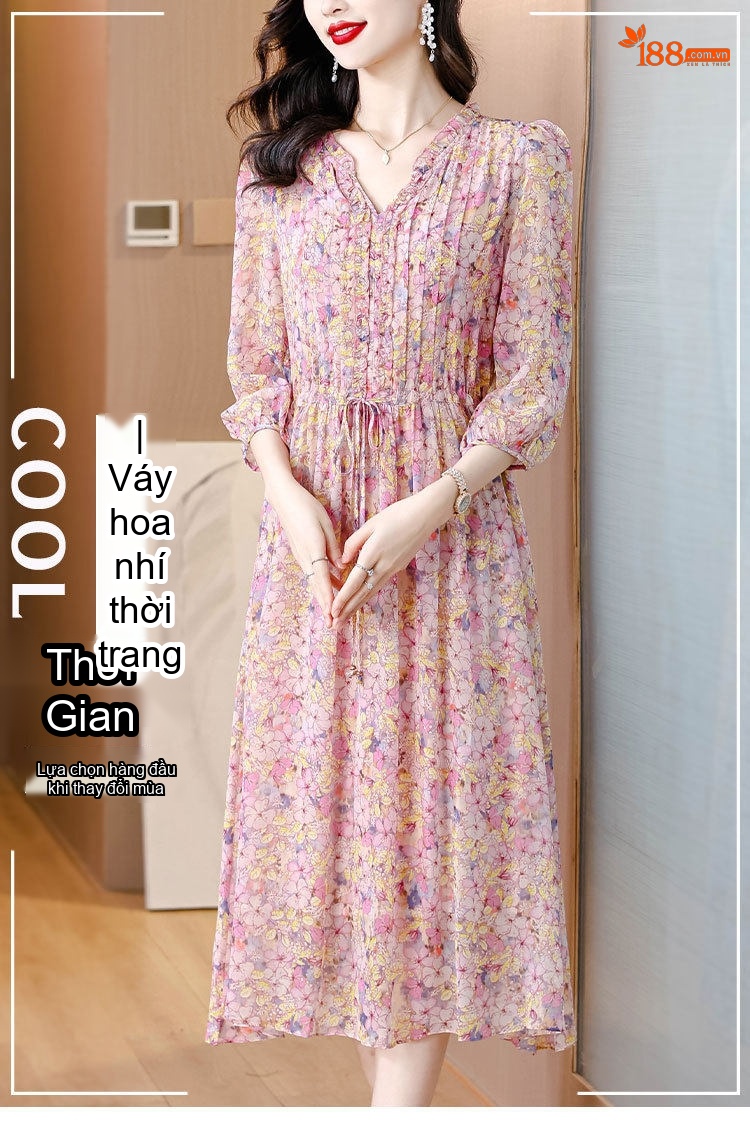 Váy liền thân Nữ Lụa Tằm Tơ Họa Tiết Hoa Nhỏ dáng chữ A Chiết Ly Eo Thon chi tiết 1