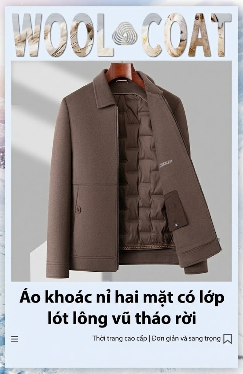Áo Khoác Nam Hai Mặt Dày Dặn Lót Lông Vũ Có Thể Tháo Rời Chất Liệu Lông Cừu Màu Nâu, Đen chi tiết 1