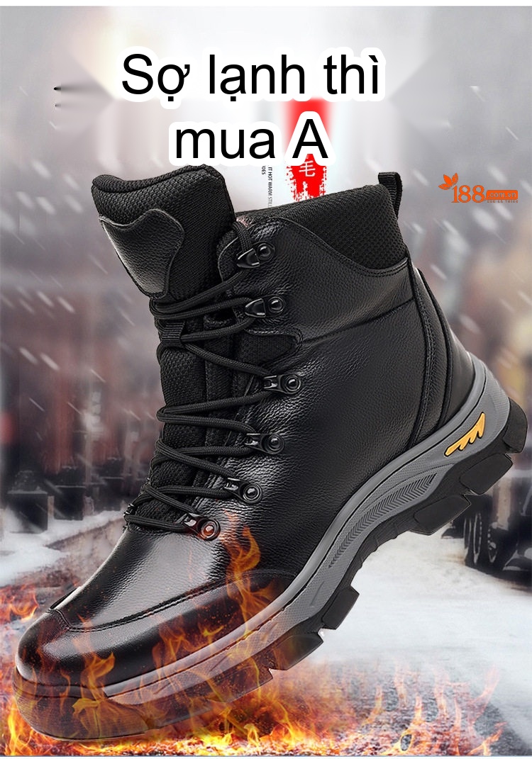 Giày Cao Cổ Nam Da Bò Lót Lông Giữ Ấm Chiều Cao Đế Khoảng 4cm Màu Đen chi tiết 3