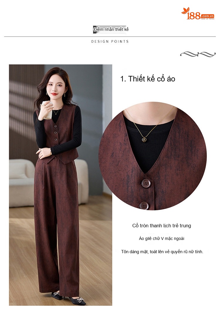 Set Bộ Vest Nữ Áo Gile Quần Ống Rộng Phong Cách Thời Trang Màu Nâu Đỏ chi tiết 9