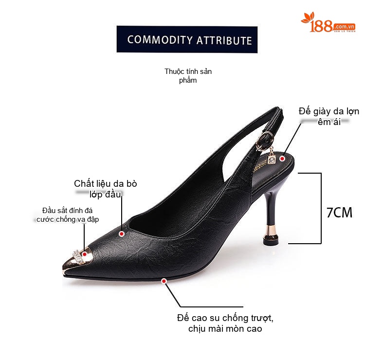 Giày Sandal Cao Gót Nữ Hở Gót Mũi Nhọn Đính Đá Gót Cao 7cm - 8cm Màu Đen, Kem chi tiết 7