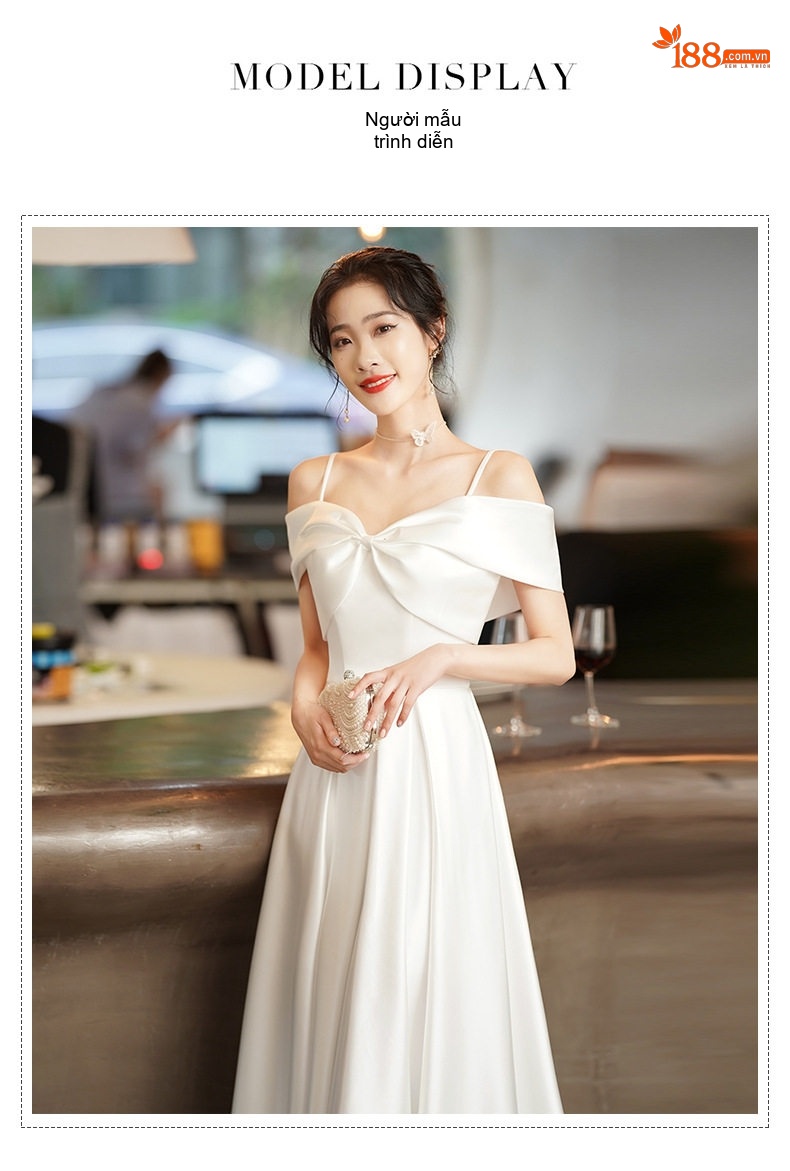 Váy Dạ Hội Nữ dáng chữ A, Hở Vai, Dây Treo, Kiểu Pháp Màu Trắng chi tiết 10