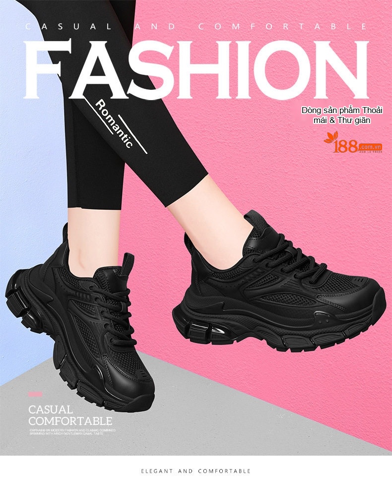 Giày Sneaker Nữ Đế Dày Tăng Chiều Cao Khoảng 5cm Phong Cách Thể Thao Màu Đen, Trắng chi tiết 1