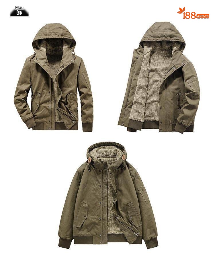Áo Khoác Cotton Nam Lót Lông Có Mũ Trùm Đầu Dáng Rộng Màu Xanh Rêu, Xanh Navy chi tiết 14